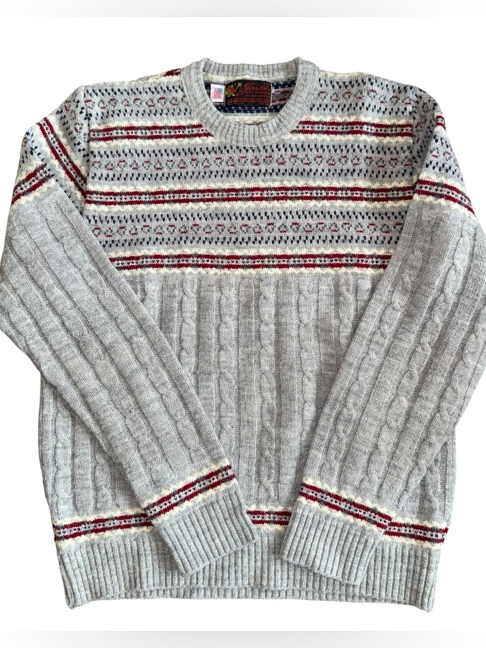 Mens Nordic Fair Isle Sweater Jersild Wool Blend Gray Vintage Cabin